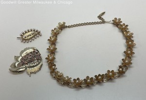 Vintage Gold Tone Faux Pearl Rhinestone Jewelry Set, 47.7g