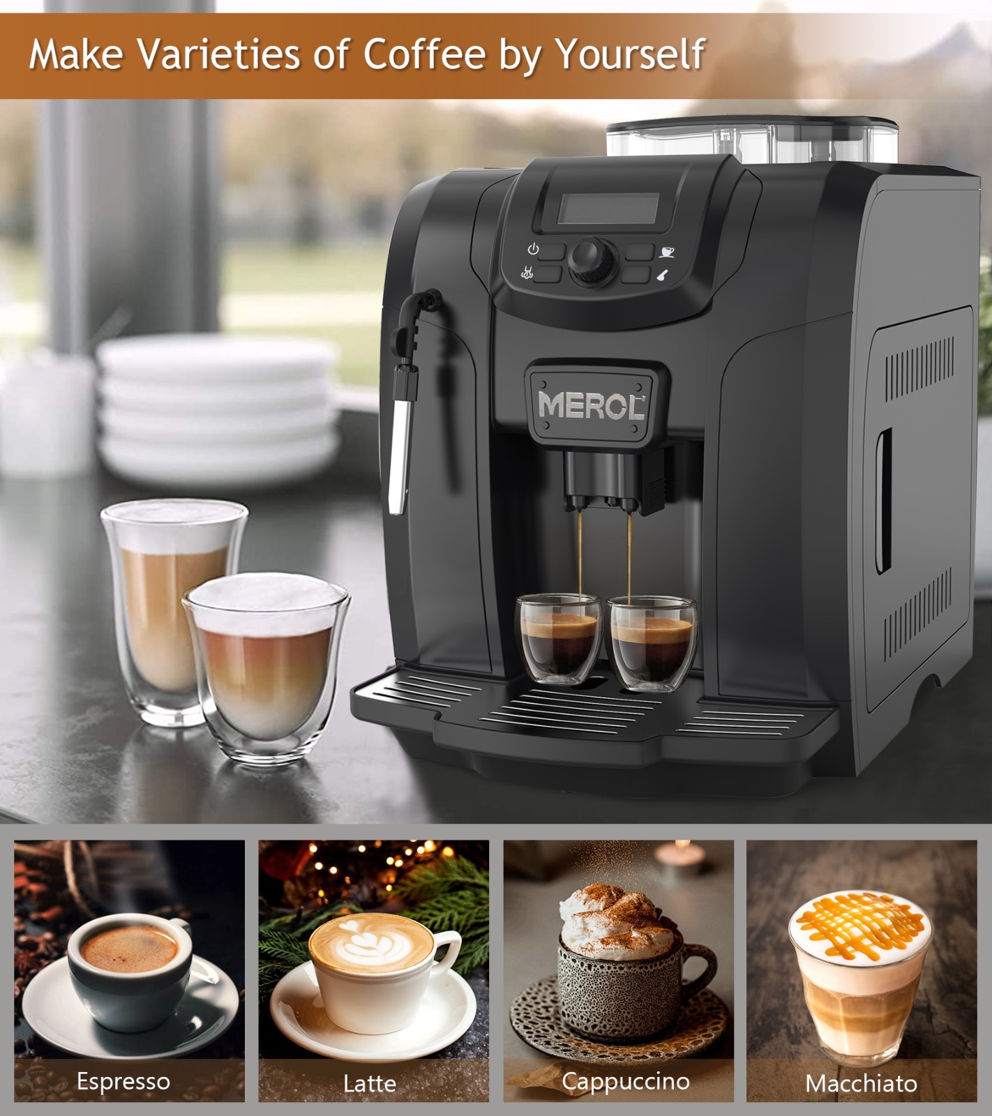 MEROL Fully Automatic Espresso Coffee Machine, 19 Bar Cafe Maker
