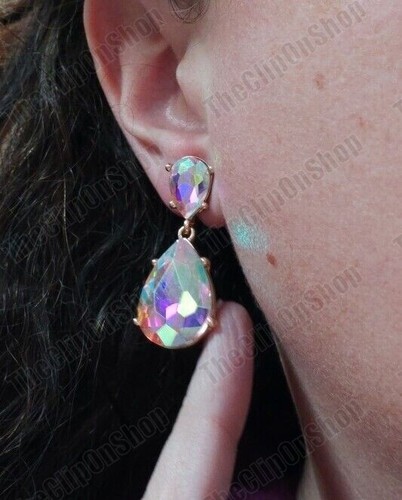 CLIP ON Retro 4cm RAINBOW CRYSTAL Drop EARRINGS AB Gold Tone Vintage Style - Picture 7 of 23