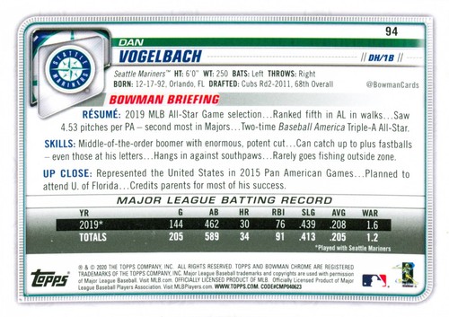 2020 Topps Bowman Chrome Dan Vogelbach #94 - Picture 2 of 2