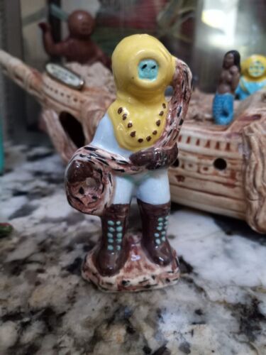 Vintage Old Aquarium Ceramic Bisque Yellow Helmet Diver With Air Hose Bubbler