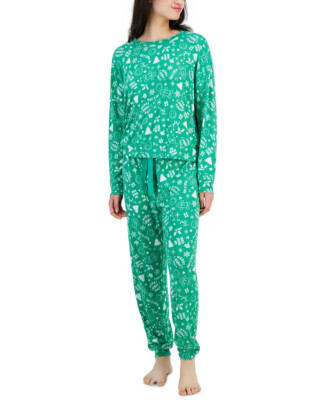 Jenni Women's 2-Pc. Long-Sleeve Packaged Pajamas Set (Doodle Holiday, Large)