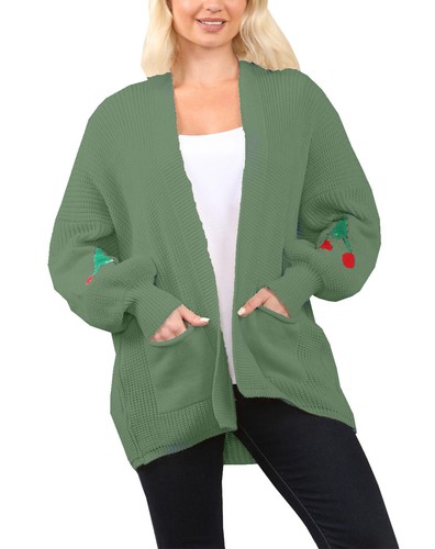 Ladies Balloon Sleeve Cherry Print Knitted Short Cardigan Open Front Knit Top - Picture 8 of 9