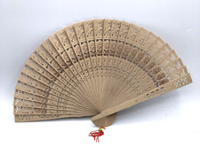 Chinese Wood Wooden Perforated Floral Design Hand Held Folding Fan 13.5" x 8"
