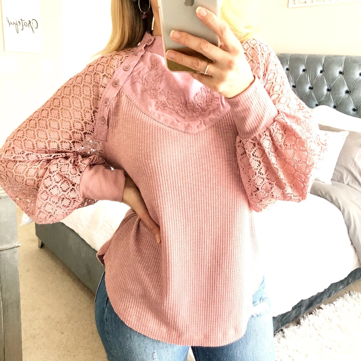 Free People NWT Women Sweetest Thing Lace Sleeve Thermal Top Blush Small  $78