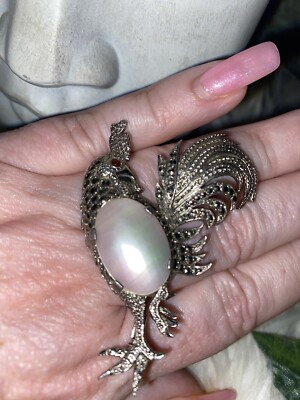 French Marcasite Mother of Pearl Jelly Belly Rooster Rare Massive Brooch Mint!!