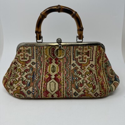Vintage Women's Carpet Bag Tapestry Purse 12x4x6 Pink Gold Print Bamboo  Handle
