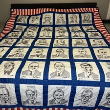 Vintage 90s Embroidered Red, White and Blue Presidential Quilt 107"x84"