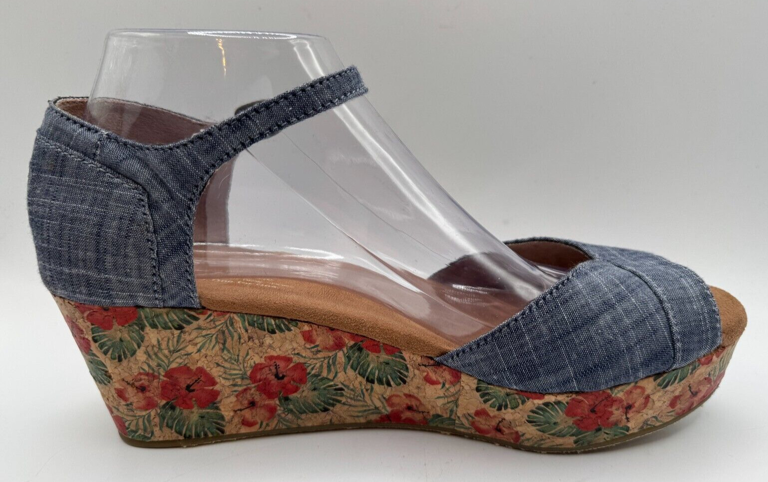 TOMS Women Sandals Chambray Floral Denim Cork Wedge Platform Sz 8.5 EUC