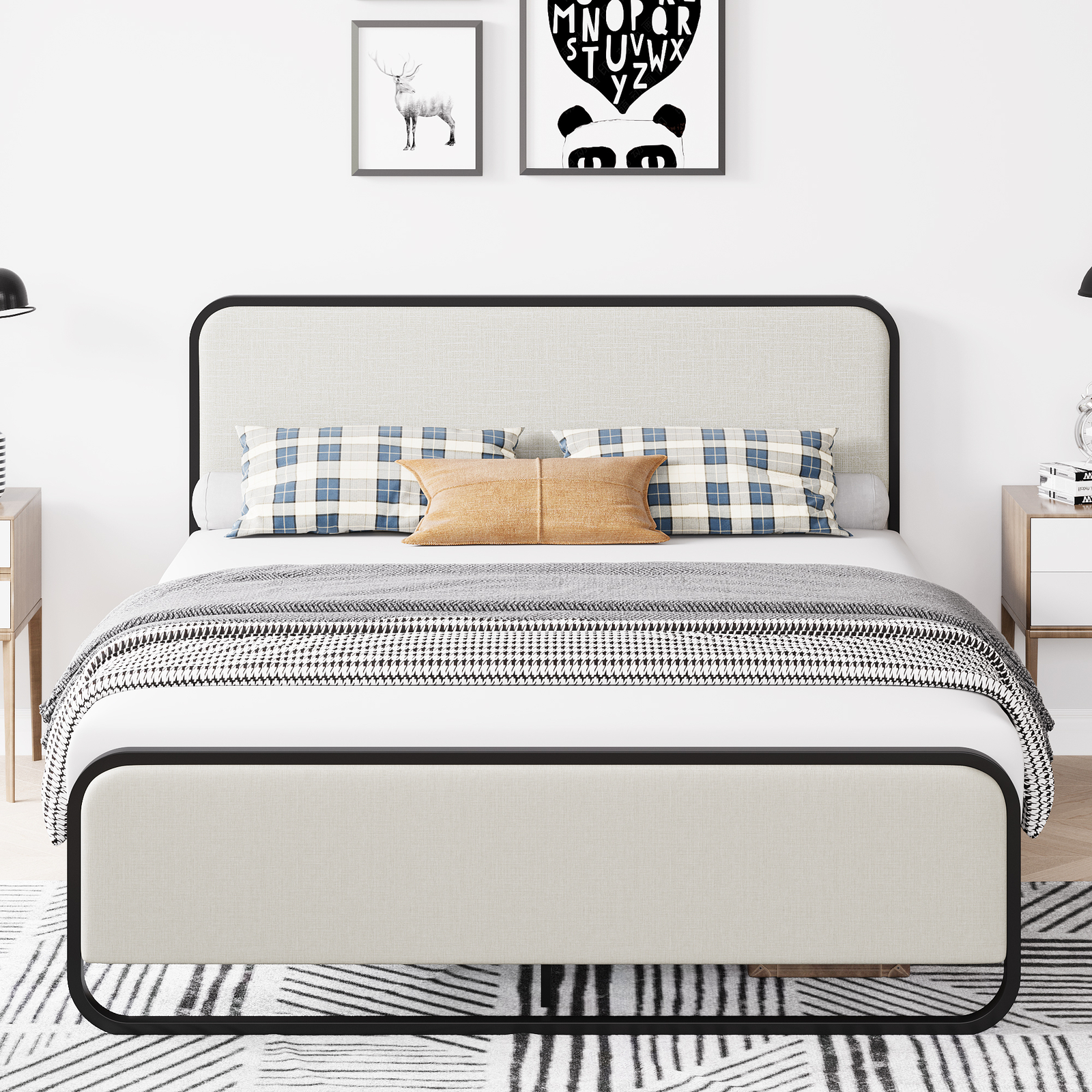 Bed Frame Platform Full/Queen Size with Curved Upholstered Headboard & Footboard-image