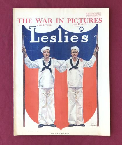 ANTIQUE LESLIE'S ILLUSTRATED NEWSPAPER MARCH 16, 1918 RED WHITE & BLUE SAILORS - Afbeelding 1 van 3