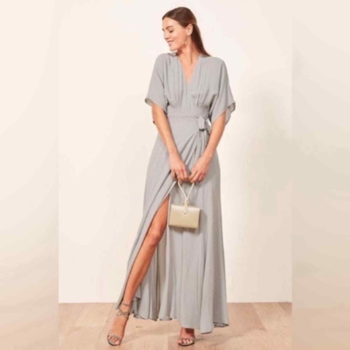 reformation grey dress Reformation Dress Winslow Wrap Maxi in Fog Grey