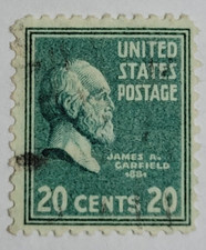 US POSTAGE ~ James A. Garfield ~ Green 20₵ Stamp ~ Cancelled/Posted ~ c.1938 -23