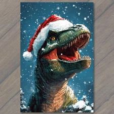 POSTCARD Santa Dinosaur Snowy Christmas Tree Festive Holiday Winter Wonderland