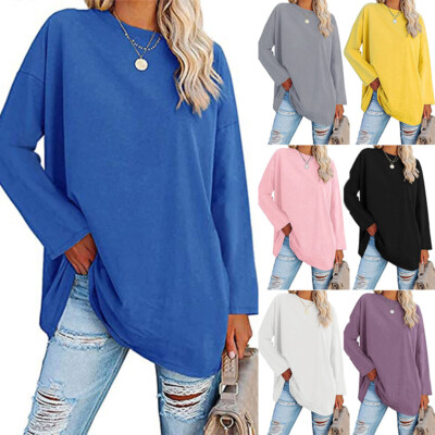 Frauen Casual Langarm Pullover T-Shirt Damen Plain Rundhals Lose Tops Bluse〕  >