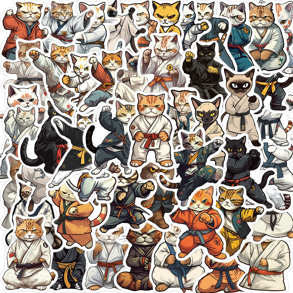 ⭐ 50 X Guerreros De Karate Taekwondo Kungfu De Dibujos Animados Gato Sticker