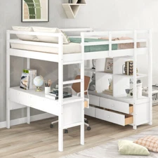 Full Size Loft Bed with Desk & Storage Cabinets Shelves Bookcase Wood Bed Frames