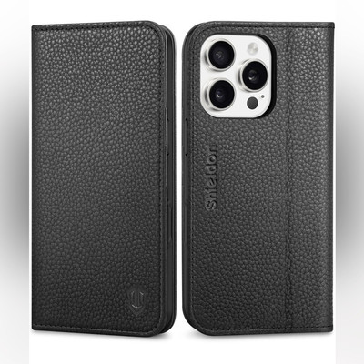 SHIELDON Case iPhone 16 Pro 5G, Leather Wallet Flip Magnetic Cover Black