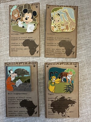 Disney Mystery Pin Set Animal Kingdom Mickey Minnie Pluto Goofy lot 4 info card