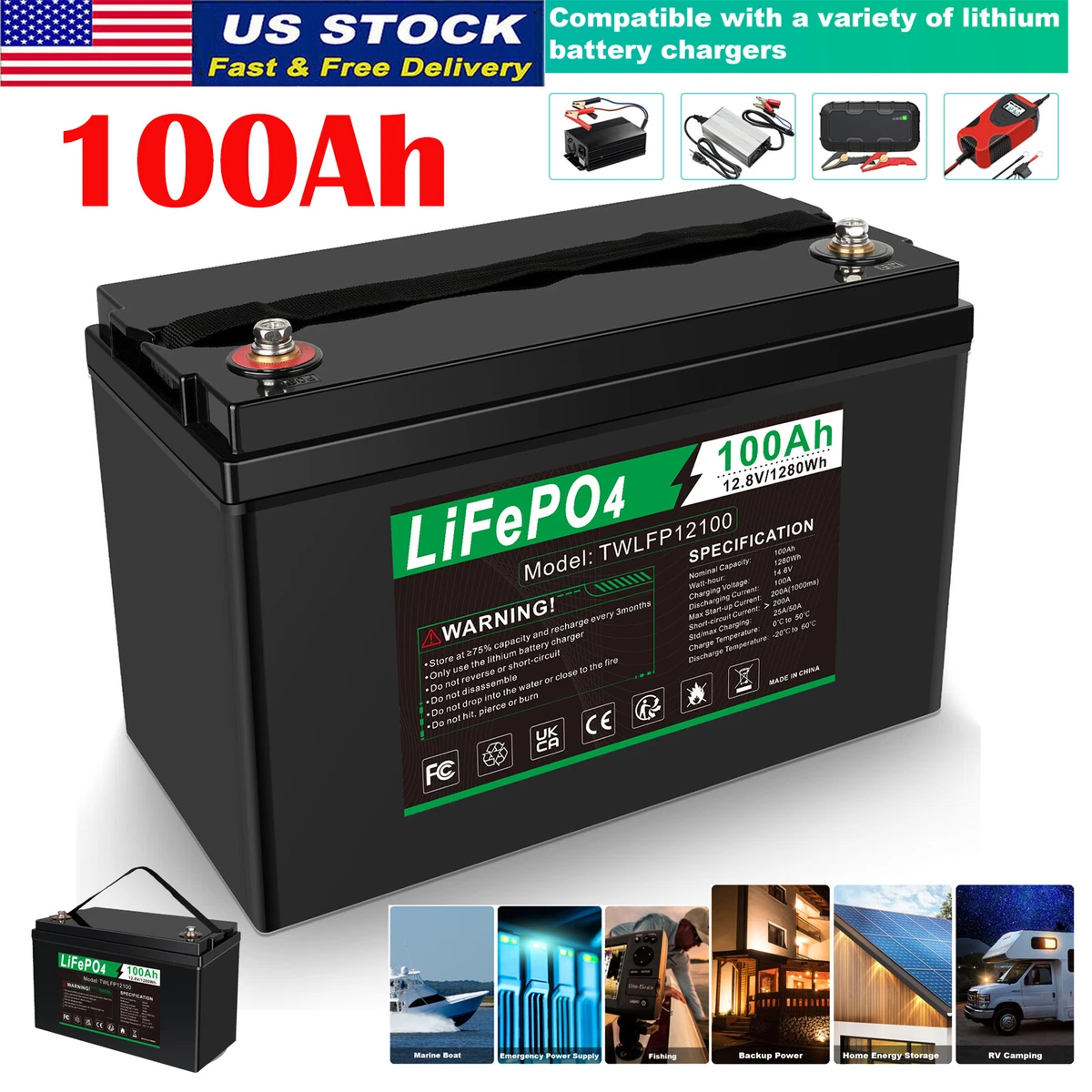 12V 100Ah Lithium Iron Battery LiFePO4 Rechargeable Deep Cycle RV Camping  Power