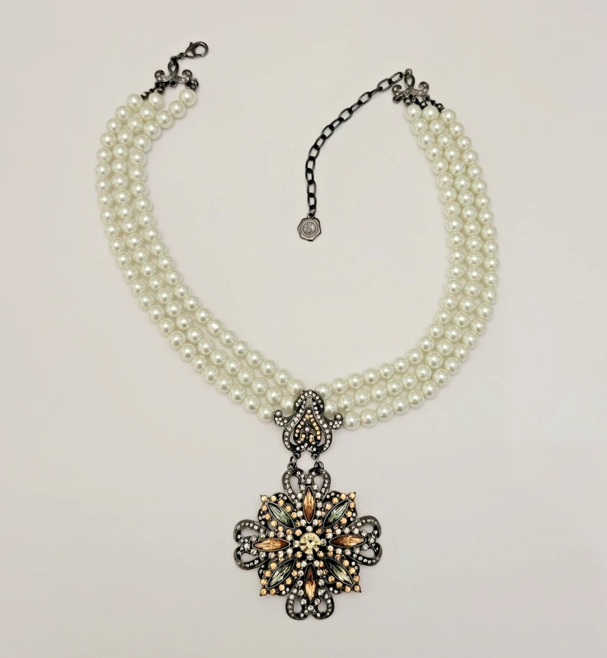 RJ Graziano Large Rhinestone Pendant Multi 3 Strand Pearl Statement Necklace