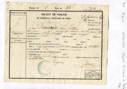 Algérie - Bône - Rare Billet De Sortie De L'hôpital Militaire De Bône 16/10/1842