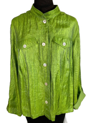 Linear Blouse Women's 1X Green Button Up Long Sleeve Roll Top Button Flaps