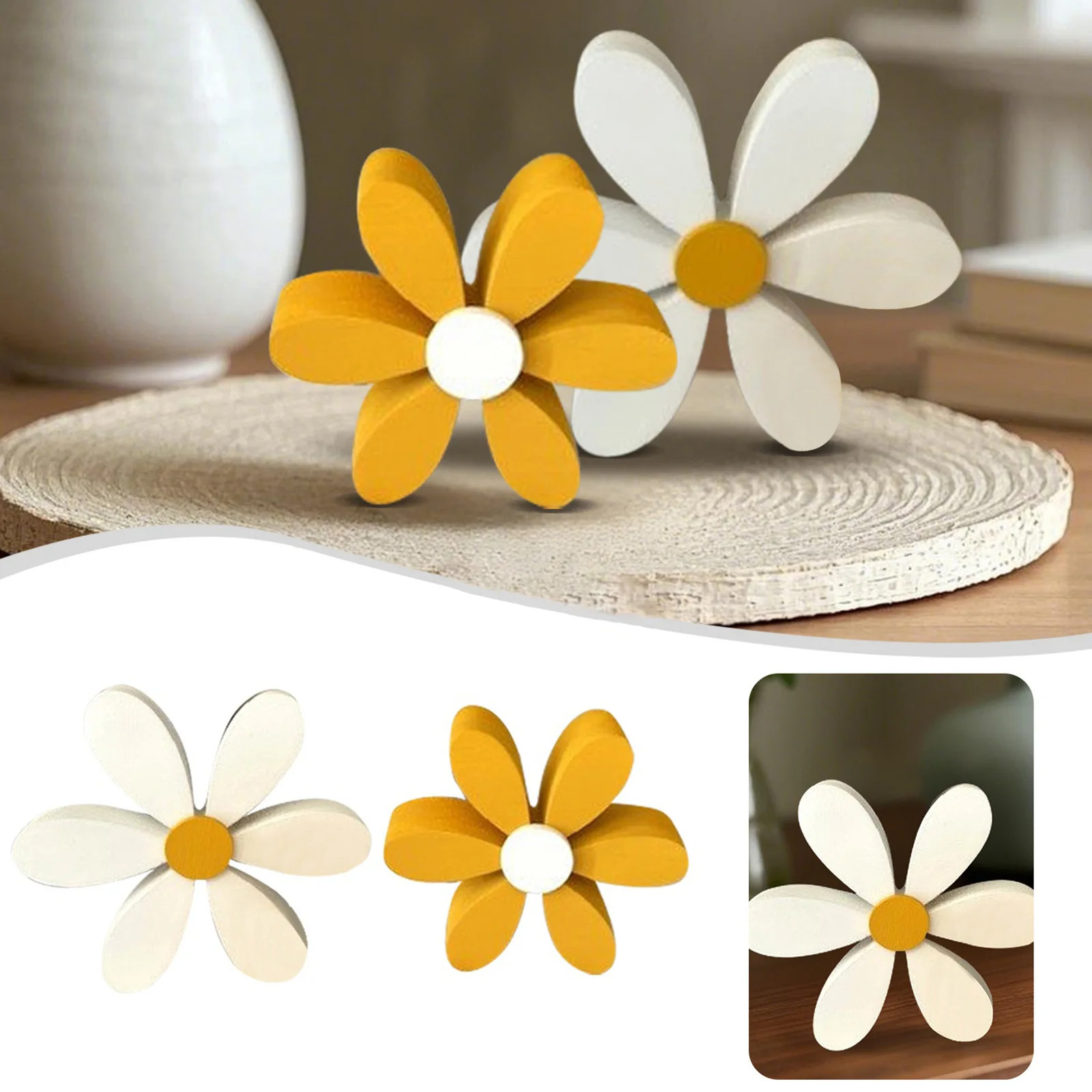 2-teiliges Gänseblümchen-Frühlingsdekoration-Set aus Holz 3D-Blumen Skulptur