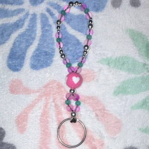Beaded keychain with heart Charm,  Pink/Purple/green 