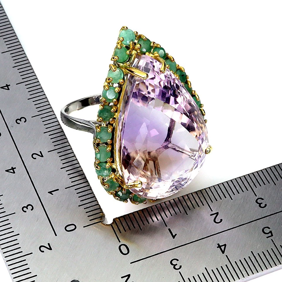 925 Anello Argento Sterling Pera Ametrino 57ct Smeraldo Mano Gemma Misura 8 - Immagine 3 di 4