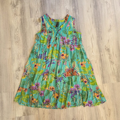 Me 2 Magic Anthropologie Floral  Loose-Fit Tiered Sun Dress Sz Med Green/Aqua