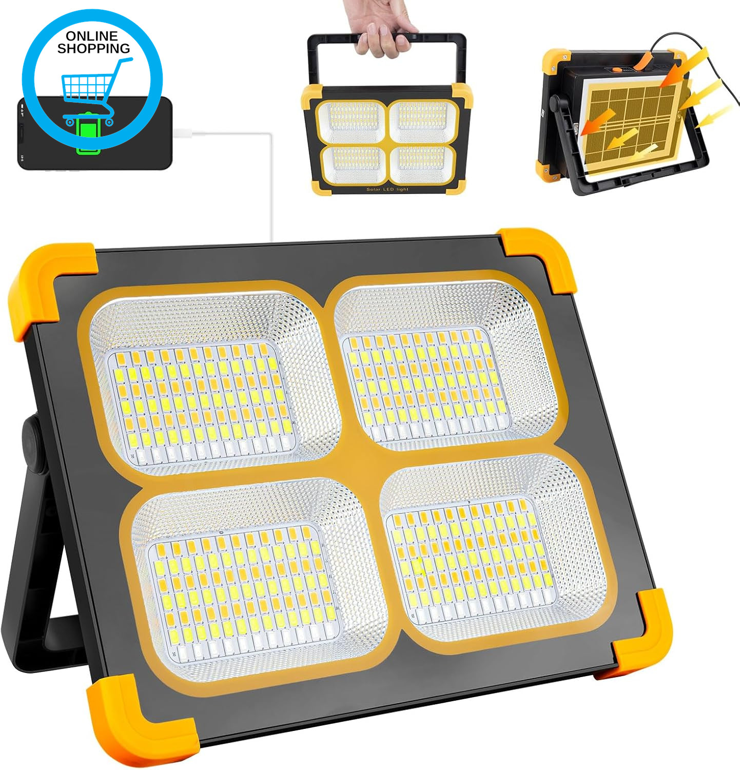 100W Rechargeable Work Light, Floodlights with 348Leds/ USB Port/Solar Panel/ 4