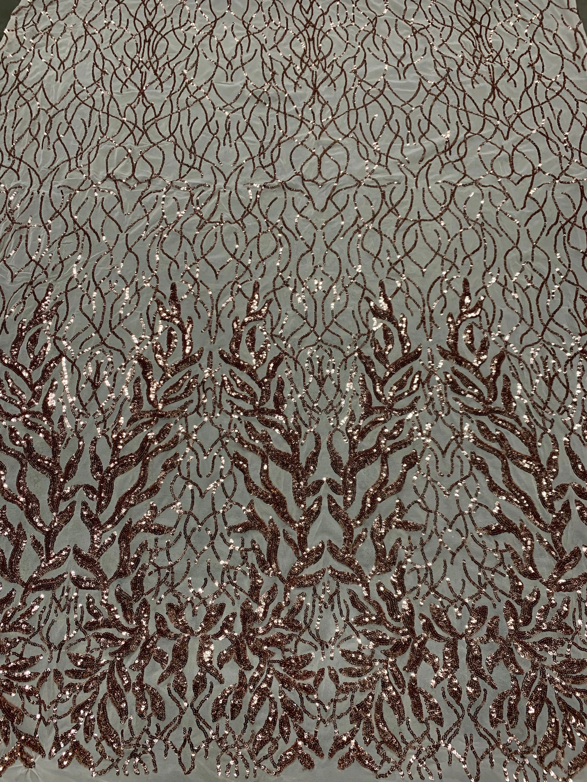 Frances COPPER Vines and Leaves Sequins on Mesh Lace Fabric by the Yard - 10153