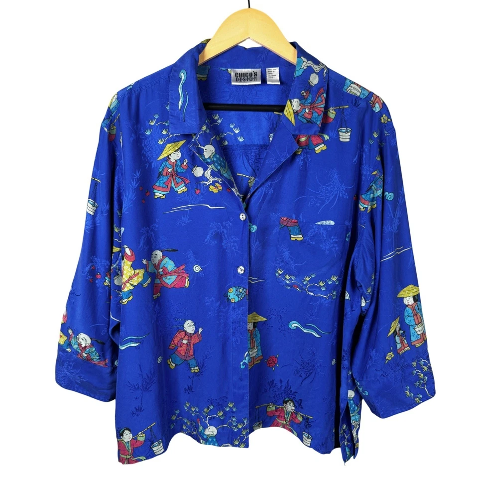 Blusa Top Estilo Kimono De Colección Diseño Chicos Para Mujer Talla 3/XL Azul Seda Motivo Asiático Foto 2 de 4