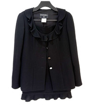 CHANEL 99A Black Skirt Suit Set 42 FR Ruffle Trim Jacket  Skirt
