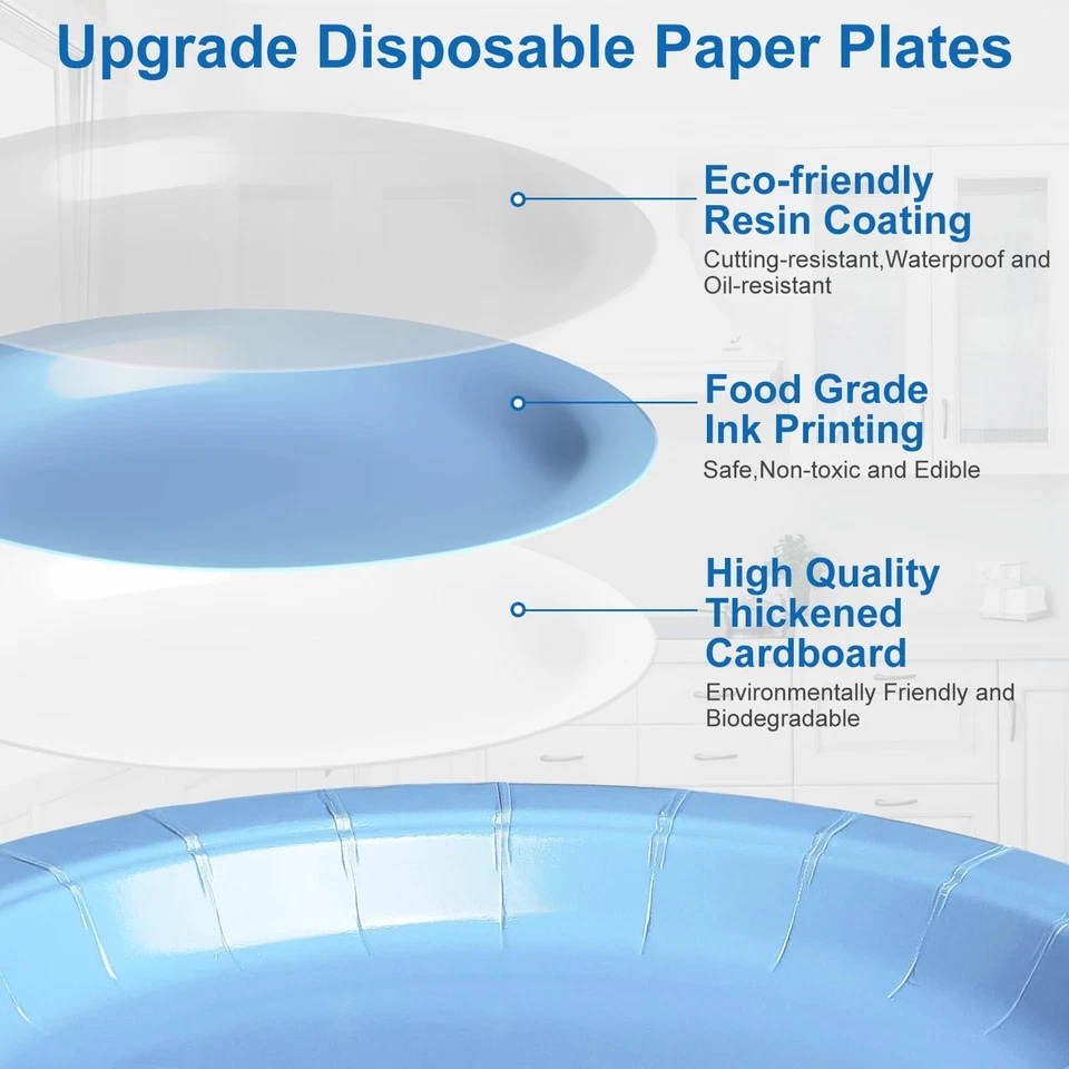 Platos de papel desechables de 8 pulgadas, platos redondos de papel azul para pasteles de fiesta, para cumpleaños... Foto 3 de 4