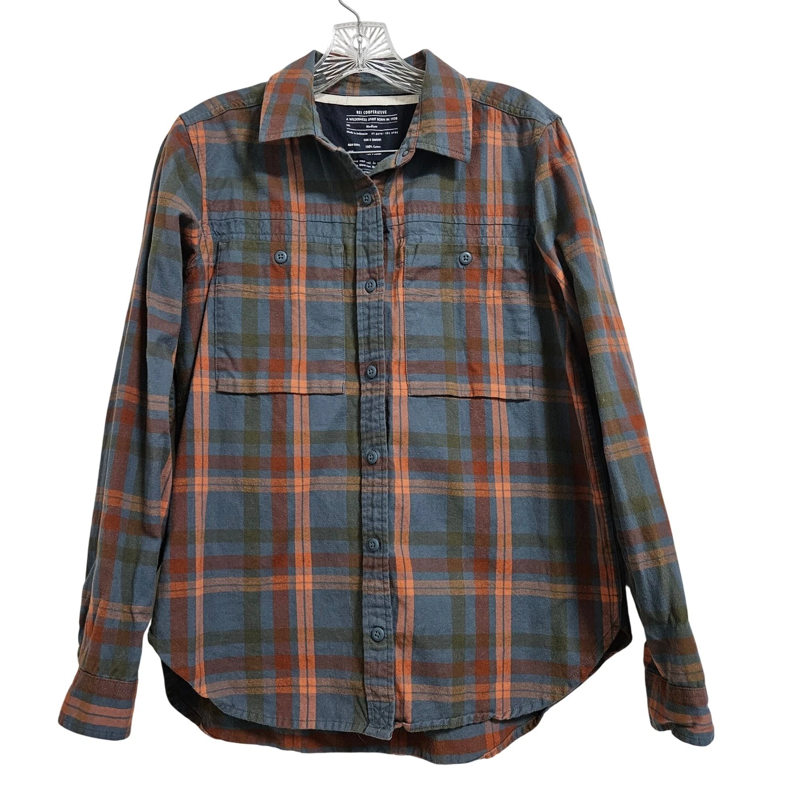 REI Cooperative Button Down Mens Medium Blue Orange Plaid Flannel Shirt Outdoor