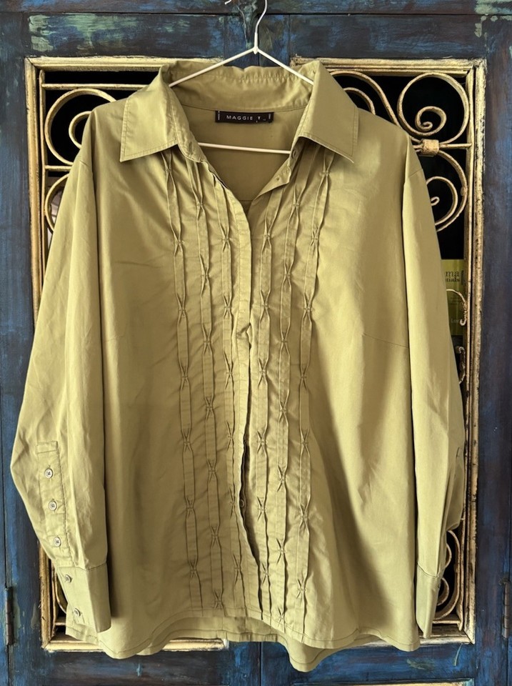 Maggie T Size 14 Khaki Solid Pleated Collared Long Sleeve Button Blouse