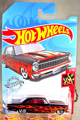 2019 Hot Wheels #143 HW Flames 7/10 '66 CHEVY NOVA Black w/Chrome 5 Spoke Wheels