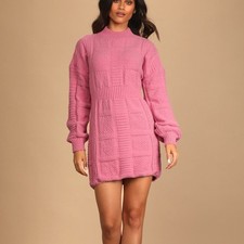 Lulus Patchwork It Rose Pink Cable Knit Cutout Sweater Dress Medium