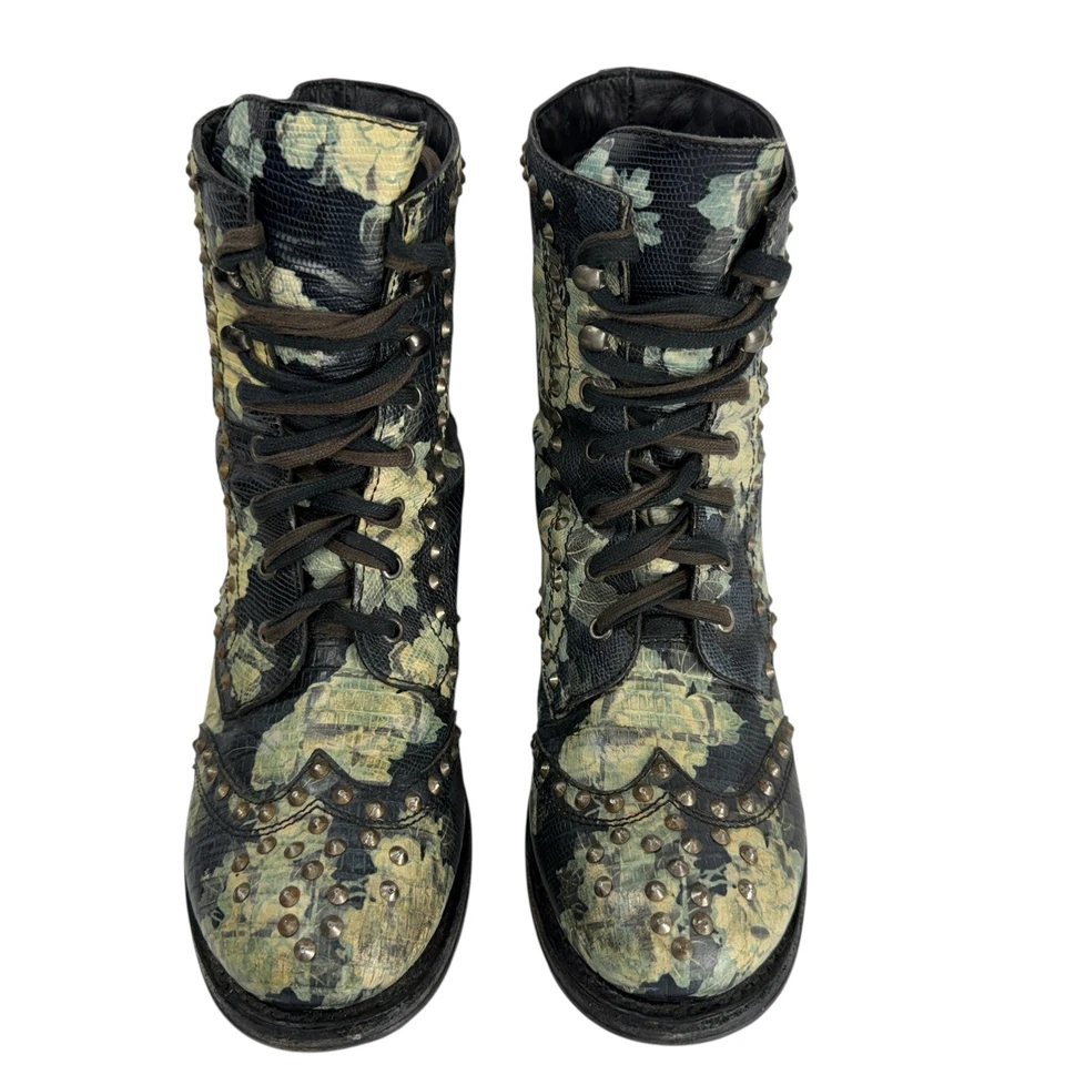Botas de Combate Fresno Floral Tachonado Mujer Talla EU 40 US 9 Cuero Negro Motociclista Tobillo Foto 2 de 4