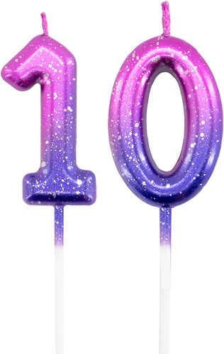 Candele numero compleanno viola 10, glitter felice - Foto 1 di 7