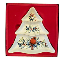 NOS Lenox Winter Greetings Cardinal Tree Shaped Dish Divided Server Christmas