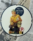 VINTAGE 1949 PETERS HUNTING AMMUNITION SHOTGUN 12 INCH PORCELAIN ENAMEL SIGN