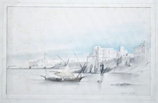Hafen Festung K&uuml;ste Algerien unbekannt coloriert Bleistift Zeichnung 19.Jh.