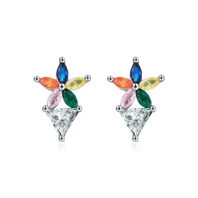 925 Silver Marquise Flower Earrings Colorful Triangle Dangle Studs