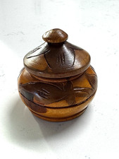 Vintage Hand Carved Wooden Trinket Box Floral Round Lid Artist Signed
