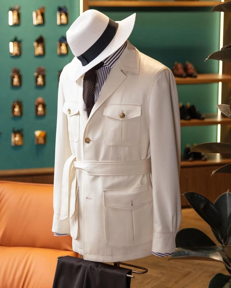 Trajes Crema Para Hombre Chaquetas Safari con Cinturón Informal Baile de graduación Exterior Caza Abrigo Pantalón Foto 2 de 4