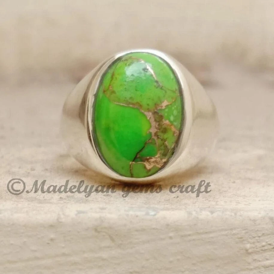 Anillo Turquesa Cobre Verde Natural Anillo Plata Esterlina Hombre Regalo Para Él Foto 3 de 4