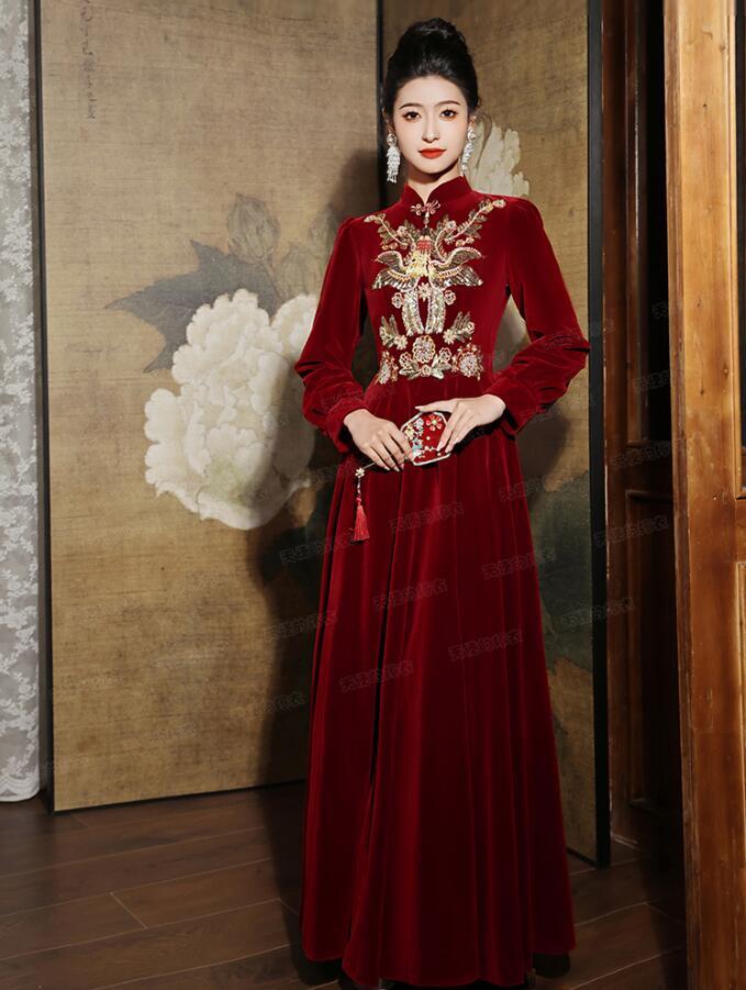 Elegant Mandarin Collar Long Sleeve A-line Evening Dresses Party Red Velvet  Gown